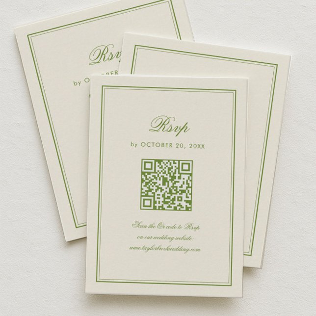 Classic White and Sage Green Wedding RSVP Qr Code Enclosure Card (Creator Uploaded)