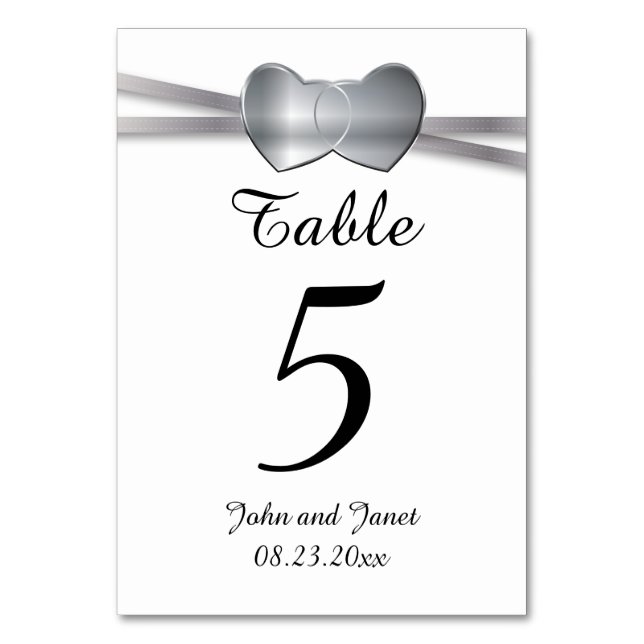 Classic White and Silver Wedding Love Hearts Table Number (Front)