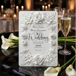 Classic White Bas Relief Faux Embossed Floral  Invitation