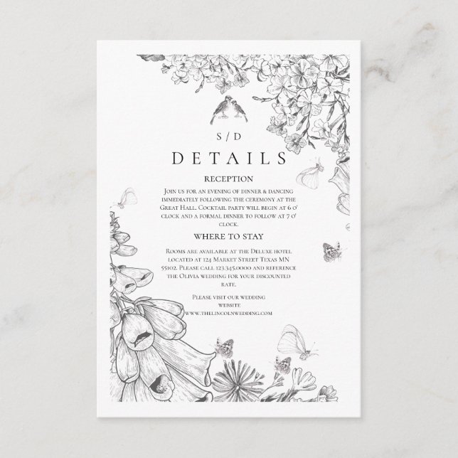 Classic White Black Floral Wedding  Enclosure Card (Front)