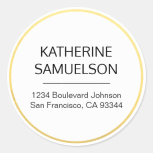 Classic White Black Gold Name & Return Address Round Sticker