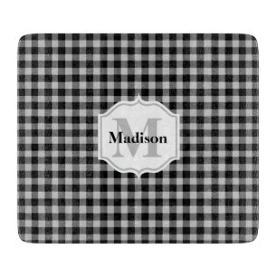 Classic White Black Grey Buffalo Plaid Monogram Cutting Board