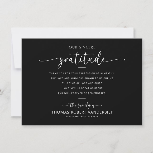 Classic White & Black Minimalist Funeral Thank You Card (Front)