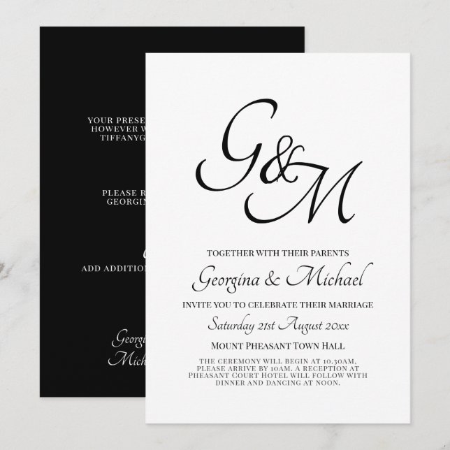 Classic White Black Monogram Wedding Invitation (Front/Back)