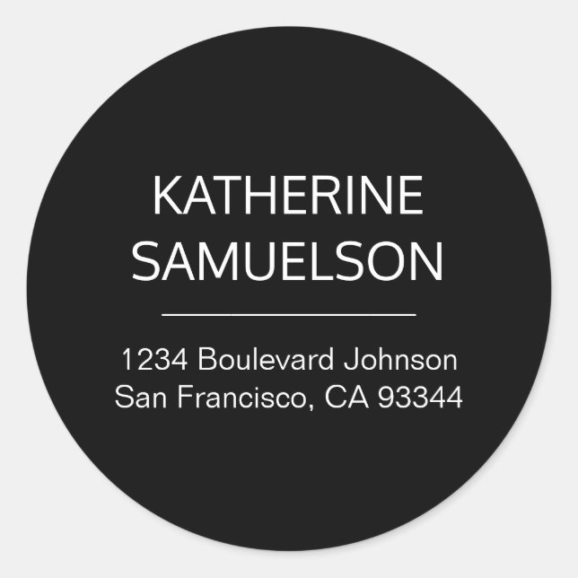 Classic White Black Name & Return Address Round Sticker (Front)