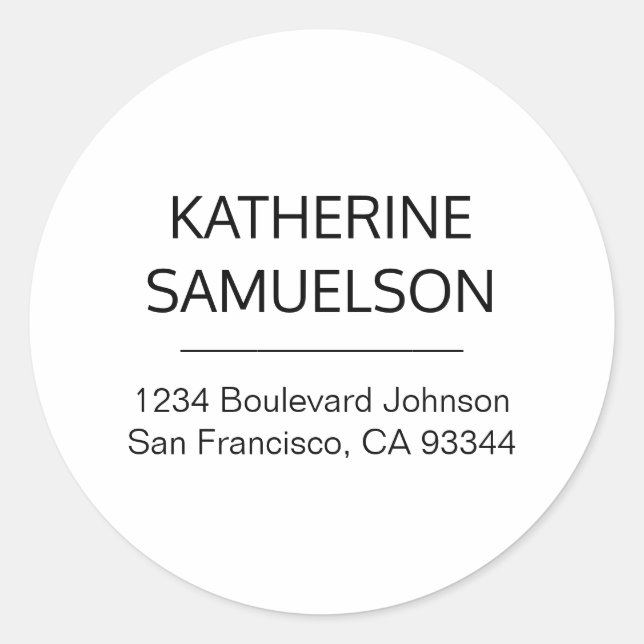 Classic White Black Name & Return Address Round Sticker (Front)