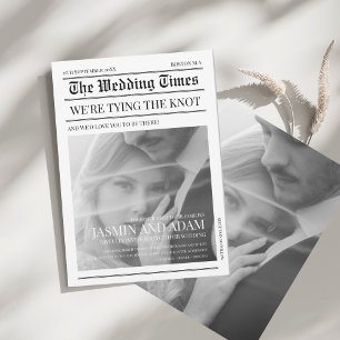 Classic White Black Newspaper Photo Wedding Invitation