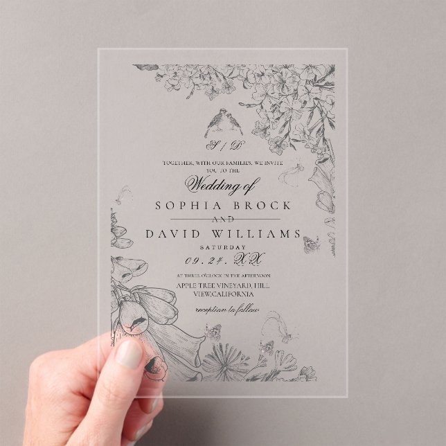 Classic White Black Rustic Botanical Wedding  Acrylic Invitations (Insitu (Handheld))