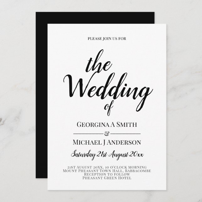 Classic White Black Typography Wedding Invitation (Front/Back)
