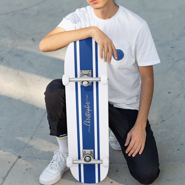 Classic White Blue Racing Stripes Gold Monogrammed Skateboard (Classic White Blue Racing Stripes Gold Monogrammed Skateboard)
