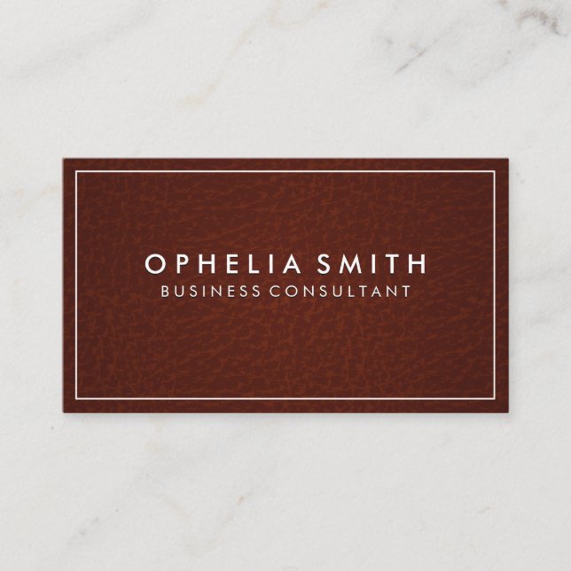 Classic White Border | Brown Leather Background Business Card (Front)