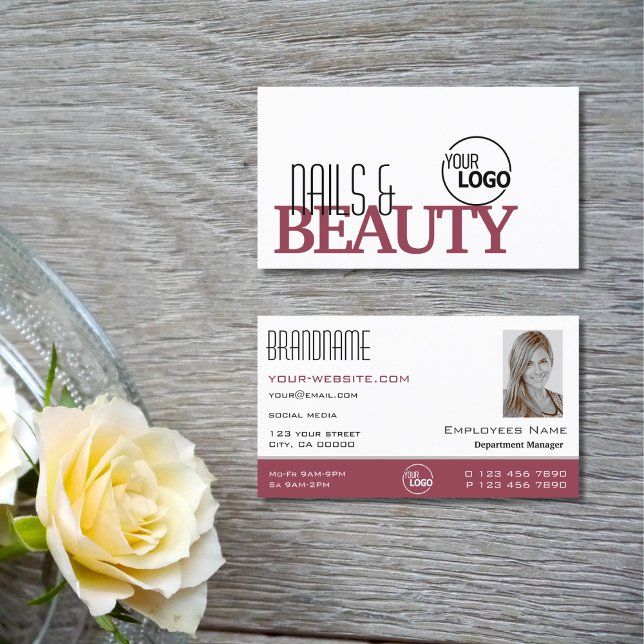 Classic White Burgundy with Logo and Photo Stylish Business Card (Creator Uploaded)