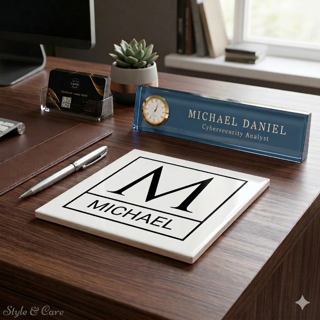 Classic White Ceramic Tile with Initial & Name (Classic White Ceramic Tile with Initial & Name)