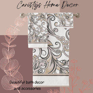 Classic White Cream Black Floral Pattern Bath Towel Set