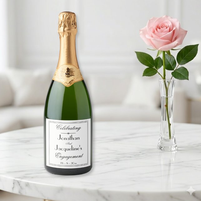 Classic White Elegant Double Border Black Script Sparkling Wine Label (Simple timeless elegance.)