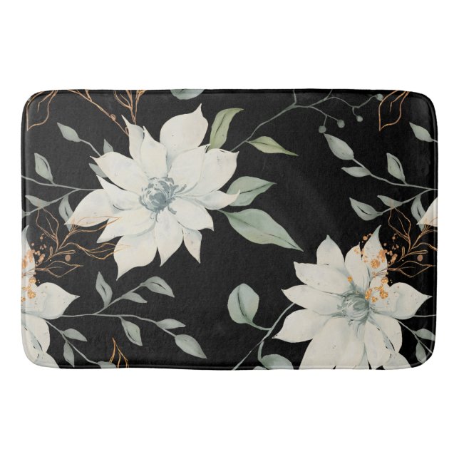 Classic White Floral Botanical Black Background Bath Mat (Front)