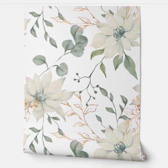 Classic White Floral Botanical  Wallpaper (Unrolling)