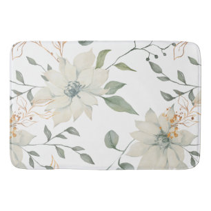 Classic White Floral Botanical White Background Bath Mat