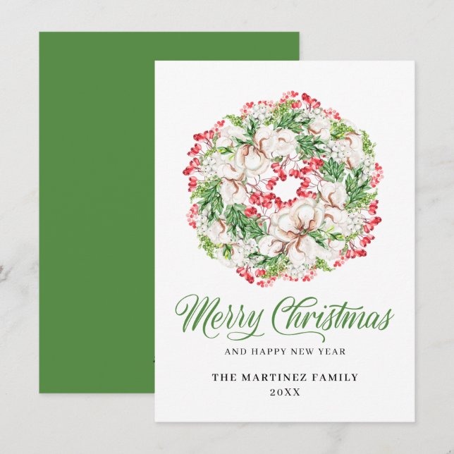 Classic White Floral Red Berry Wreath Christmas Holiday Card (Front/Back)