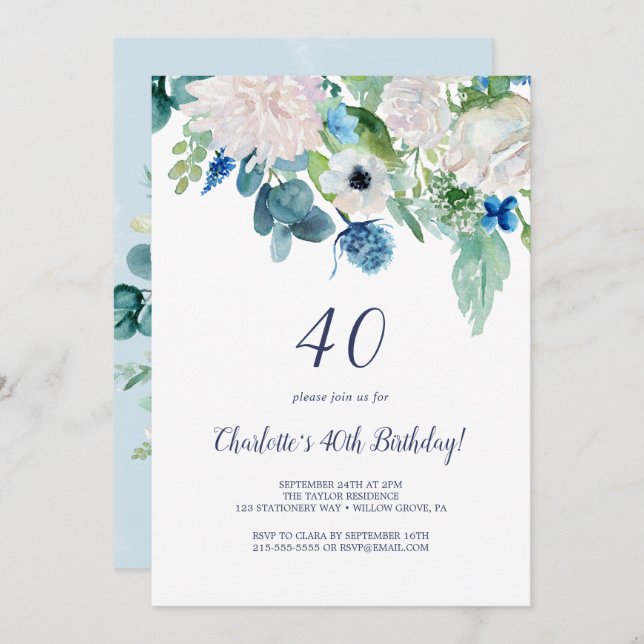 Classic White Flowers 40th Birthday Party Invitation (Front/Back)