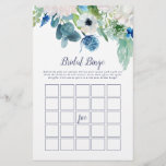 Classic White Flowers Bridal Bingo Game Flyer<br><div class="desc">This classic white flowers bridal bingo game is perfect for a spring wedding shower. The elegant floral design features soft ivory and white roses, peonies, and chrysanthemum with touches of periwinkle blue watercolor flowers and green foliage. Personalise the back of the card with the name of the bride and the...</div>