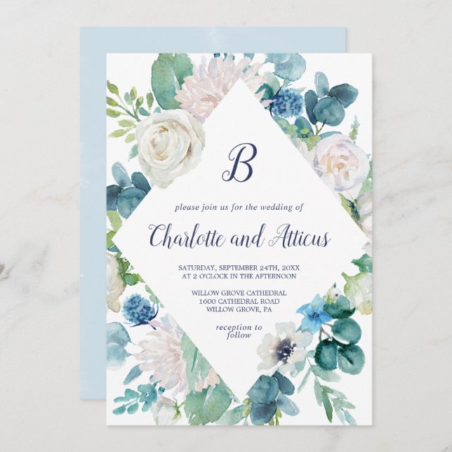 Classic White Flowers Diamond Monogram Wedding Invitation (Front/Back)