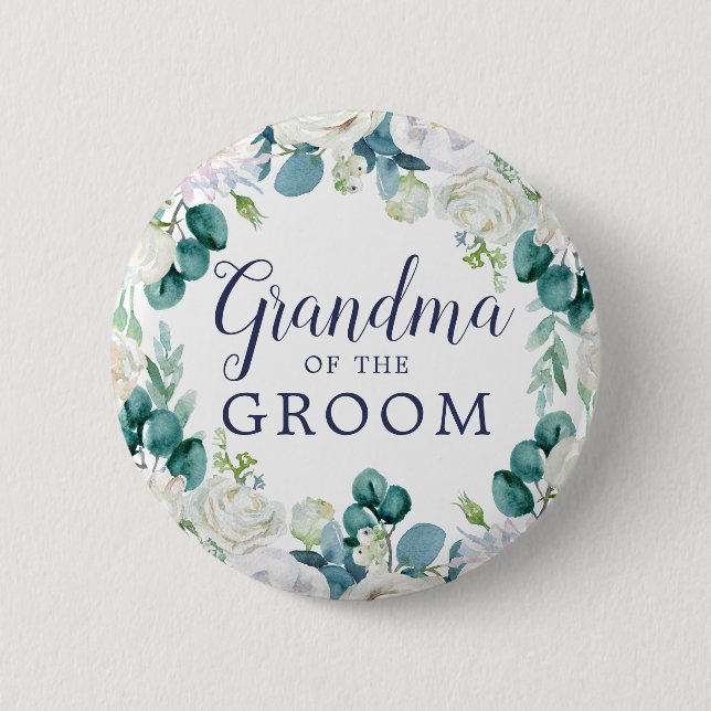 Classic White Flowers Grandma of the Groom 6 Cm Round Badge (Front)