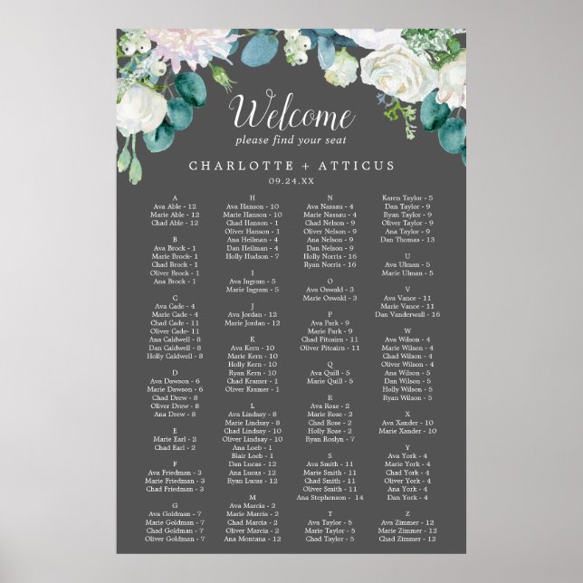 Classic White Flowers Grey Alphabetical Seating Poster (Front)
