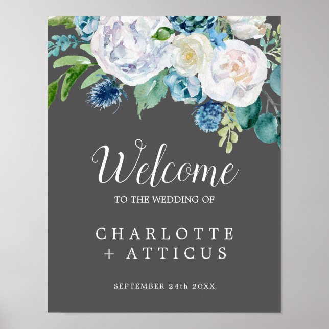 Classic White Flowers | Grey Welcome Wedding Poster (Front)