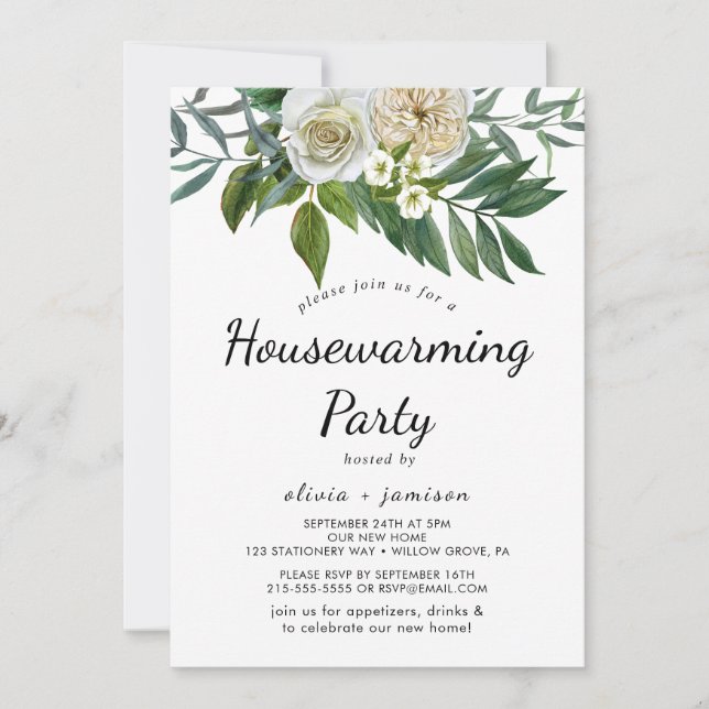 Classic White Flowers Housewarming Invitation (Front)
