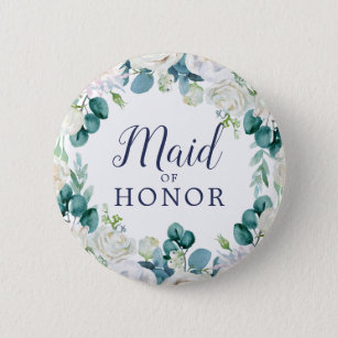 Classic White Flowers Maid of Honor Bridal Shower 6 Cm Round Badge