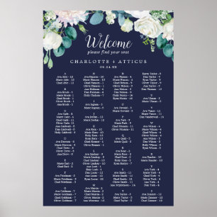 Classic White Flowers Navy Alphabetical Seating Poster