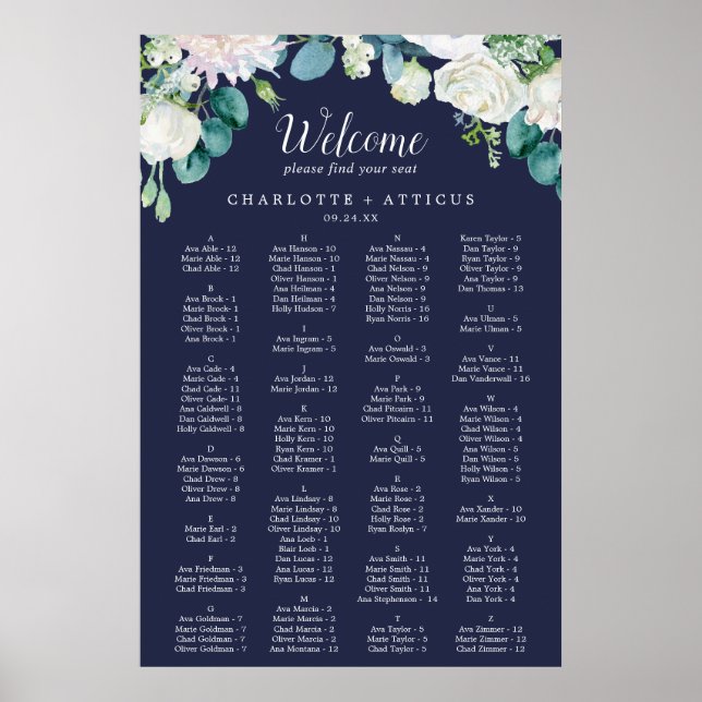 Classic White Flowers Navy Alphabetical Seating Poster (Front)