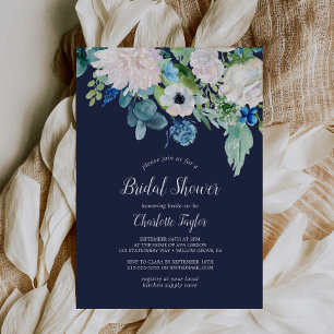 Classic White Flowers Navy Bridal Shower Invitation