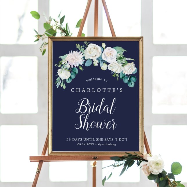 Classic White Flowers | Navy Bridal Shower Welcome Poster (Creator Uploaded)