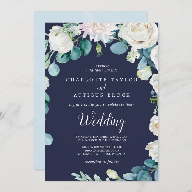Classic White Flowers | Navy Wedding Invitation (Front/Back)