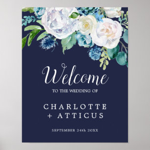 Classic White Flowers Navy Welcome Wedding Poster
