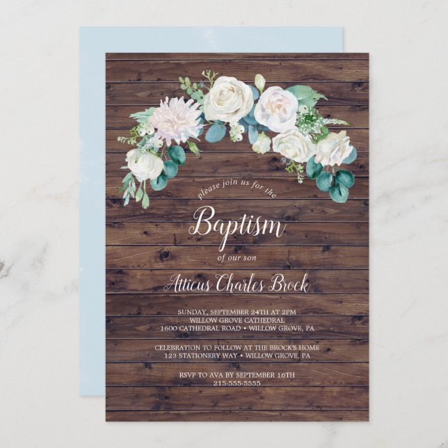 Classic White Flowers | Rustic Baptism Invitation (Front/Back)