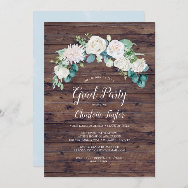 Classic White Flowers | Rustic Graduation Party Invitation (Front/Back)