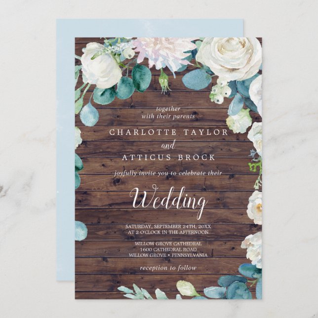 Classic White Flowers | Rustic Wedding Invitation (Front/Back)