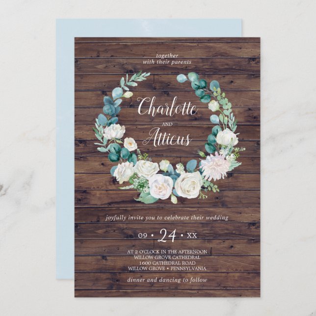 Classic White Flowers Rustic Wreath Casual Wedding Invitation (Front/Back)