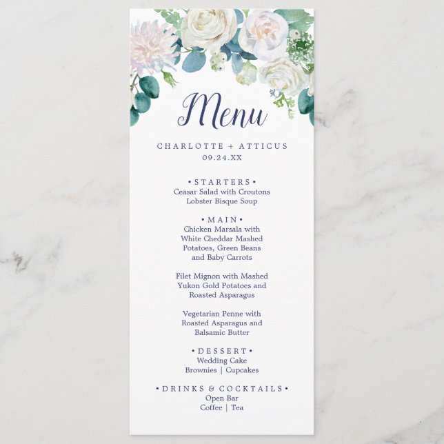 Classic White Flowers Wedding Dinner Menu (Front)