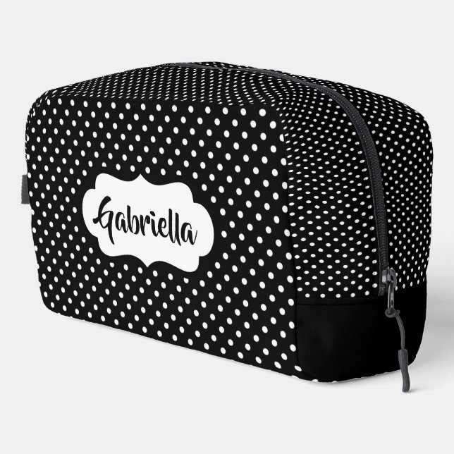 Classic White French Swiss Polka Dots On Black Dopp Kit (Right Corner)