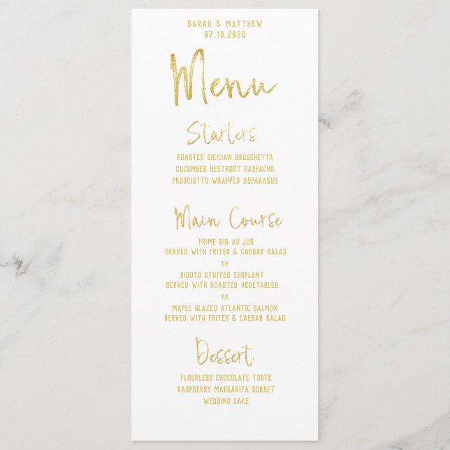 Classic White Gold Script Font Calligraphy Wedding Menu (Front)