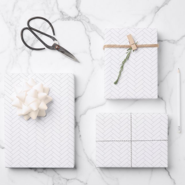Classic White Grey Herringbone Pattern Wrapping Paper Sheet (Front)