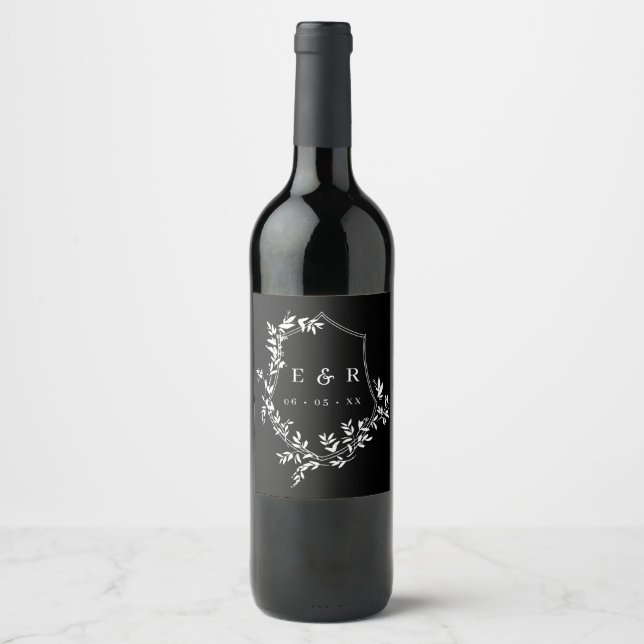 Classic White Leafy Crest on Black Monogram Wine Label (Front)
