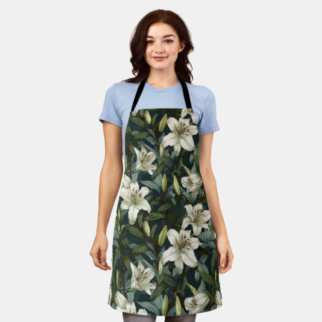 Classic White Lily Green Floral Pattern Apron (Worn)