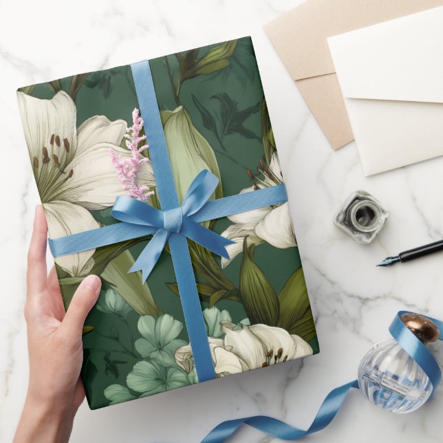 Classic White Lily Green Floral Pattern Wrapping Paper (Gifting)
