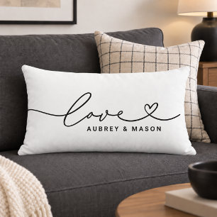 Classic White Love Heart Script Couple Names Lumbar Cushion