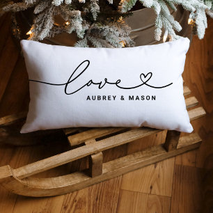 Classic White Love Heart Script Couple Names Lumbar Cushion